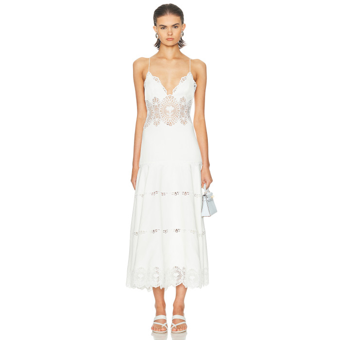 Spaghetti Open back Fitted Flared Elegant Minimalist Plunging V neckline Woman's Midi Lace Dress