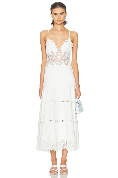 Spaghetti Open back Fitted Flared Elegant Minimalist Plunging V neckline Woman's Midi Lace Dress