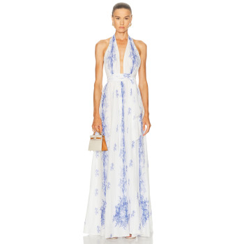 China Manufactory Victorian Blue Halter neckline Backless Delicate print High quality  Woman's Maxi Dress