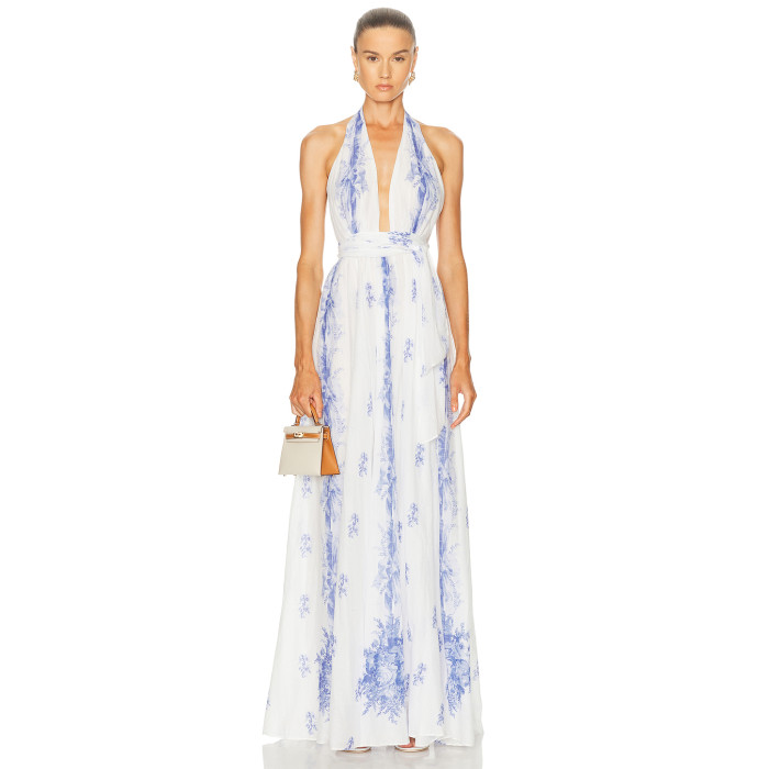 China Manufactory Victorian Blue Halter neckline Backless Delicate print High quality  Woman's Maxi Dress