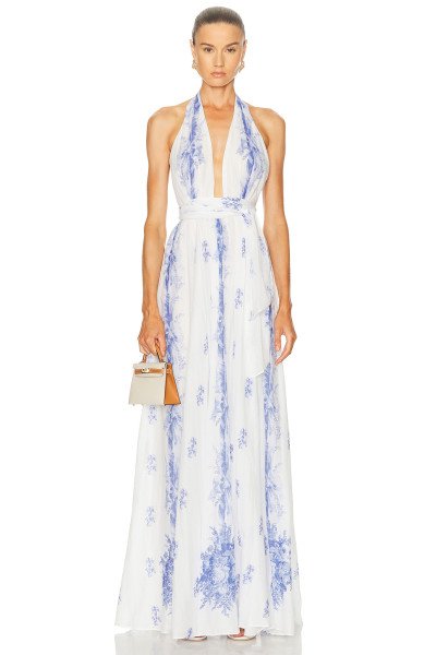 China Manufactory Victorian Blue Halter neckline Backless Delicate print High quality  Woman's Maxi Dress
