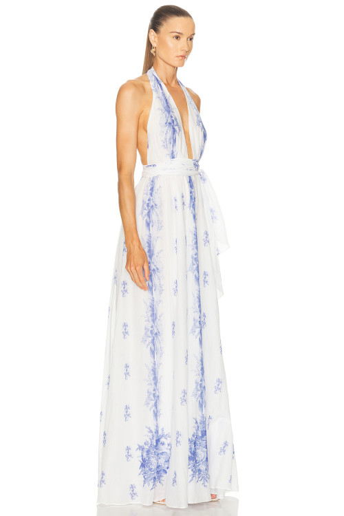 China Manufactory Victorian Blue Halter neckline Backless Delicate print High quality  Woman's Maxi Dress
