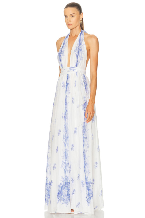 China Manufactory Victorian Blue Halter neckline Backless Delicate print High quality  Woman's Maxi Dress