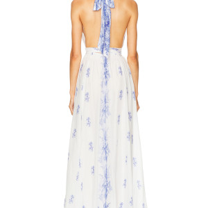 China Manufactory Victorian Blue Halter neckline Backless Delicate print High quality  Woman's Maxi Dress