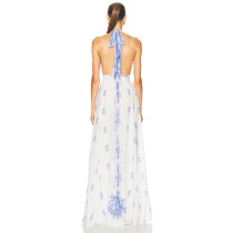 China Manufactory Victorian Blue Halter neckline Backless Delicate print High quality  Woman's Maxi Dress