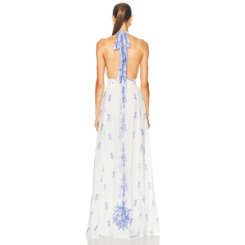 China Manufactory Victorian Blue Halter neckline Backless Delicate print High quality  Woman's Maxi Dress