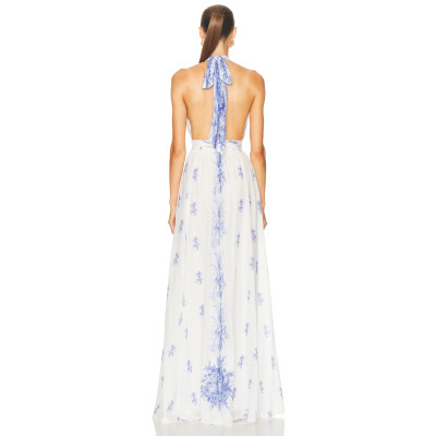 China Manufactory Victorian Blue Halter neckline Backless Delicate print High quality  Woman's Maxi Dress