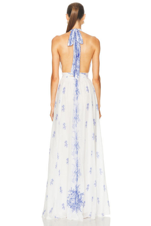 China Manufactory Victorian Blue Halter neckline Backless Delicate print High quality  Woman's Maxi Dress