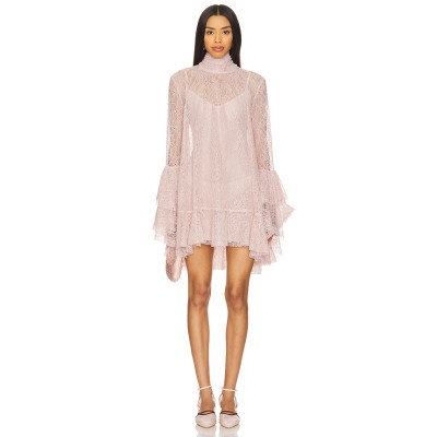Tiered ruffle sleeves Back bow detail Sheer lace sleeves High neckline Woman's Mini Dress