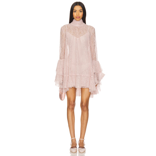 Tiered ruffle sleeves Back bow detail Sheer lace sleeves High neckline Woman's Mini Dress