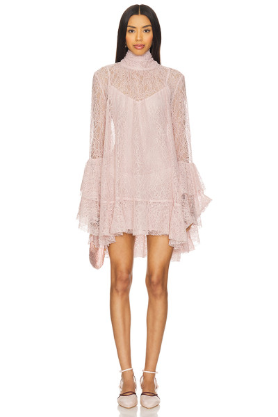 Tiered ruffle sleeves Back bow detail Sheer lace sleeves High neckline Woman's Mini Dress
