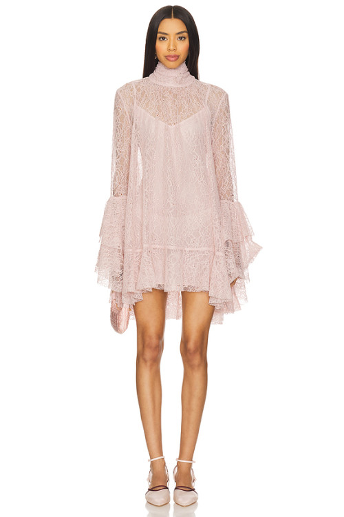 Tiered ruffle sleeves Back bow detail Sheer lace sleeves High neckline Woman's Mini Dress
