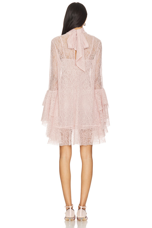 Tiered ruffle sleeves Back bow detail Sheer lace sleeves High neckline Woman's Mini Dress