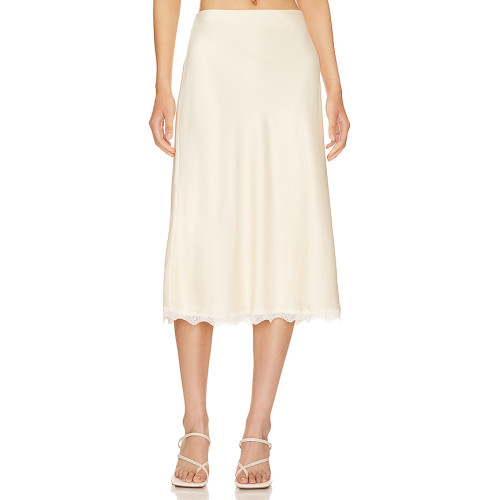 Lace trimmed Luxurious Graceful Smooth Flowy Timeless Elegant Silky Woman's Midi Skirt