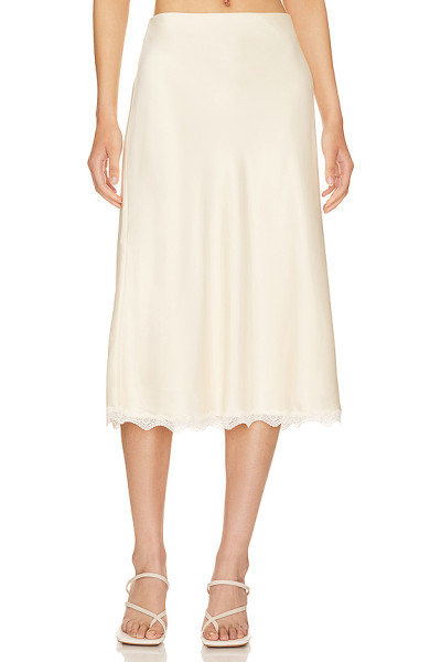 Lace trimmed Luxurious Graceful Smooth Flowy Timeless Elegant Silky Woman's Midi Skirt
