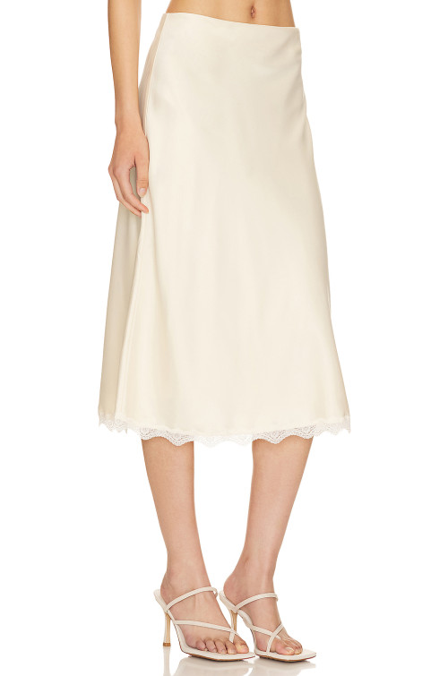 Lace trimmed Luxurious Graceful Smooth Flowy Timeless Elegant Silky Woman's Midi Skirt