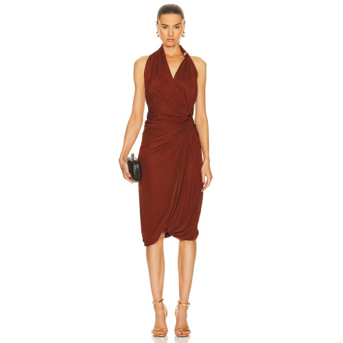 Halter neck Sleeveless Deep V neckline Drapey Rushed Backless Woman's Midi Dress