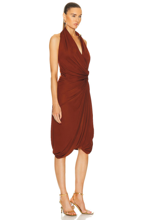 Halter neck Sleeveless Deep V neckline Drapey Rushed Backless Woman's Midi Dress