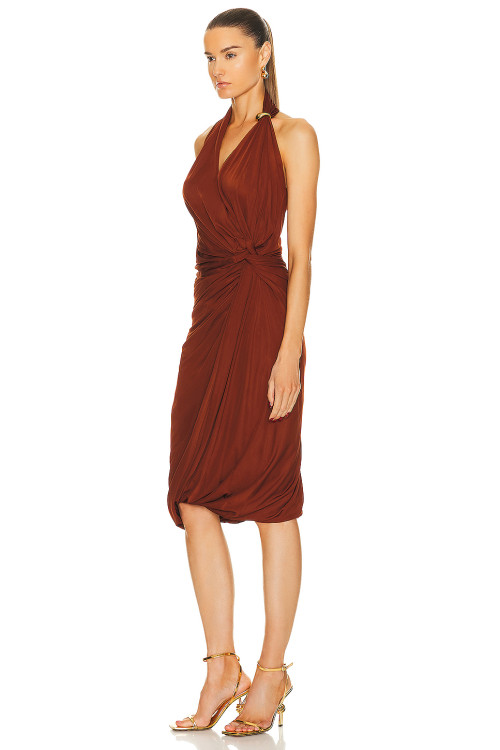 Halter neck Sleeveless Deep V neckline Drapey Rushed Backless Woman's Midi Dress