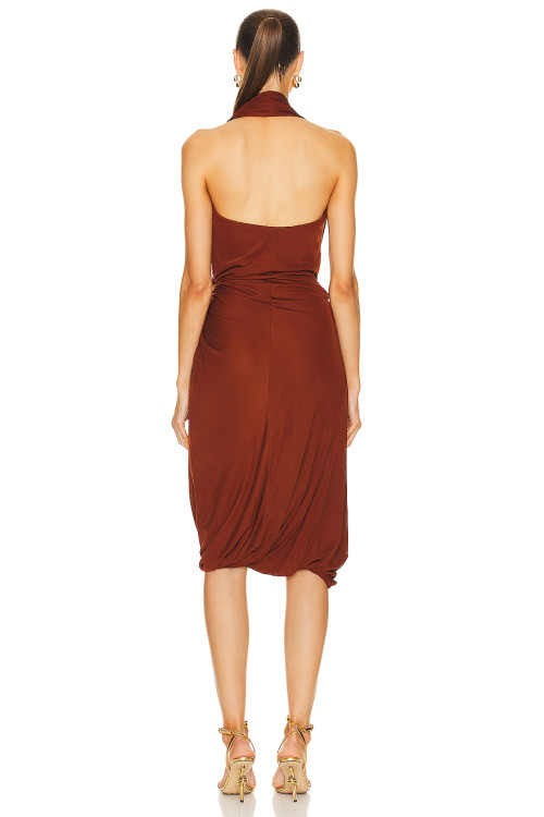Halter neck Sleeveless Deep V neckline Drapey Rushed Backless Woman's Midi Dress