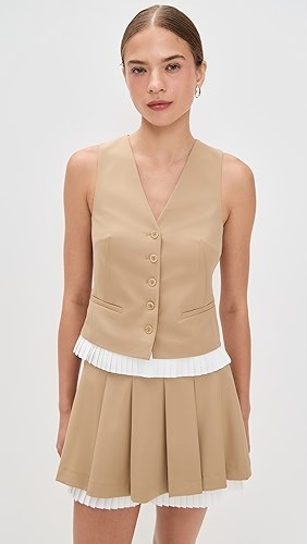 Button front Pleated trim Classic Elegant Structured Front pockets Woman's Tops Vest