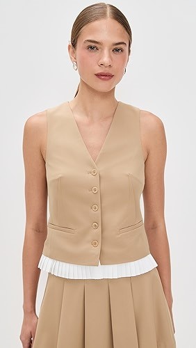 Button front Pleated trim Classic Elegant Structured Front pockets Woman's Tops Vest
