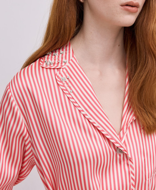 Pajama style V neckline Stylish Elegant Casual Comfortable Woman's Striped Shirt Blazer