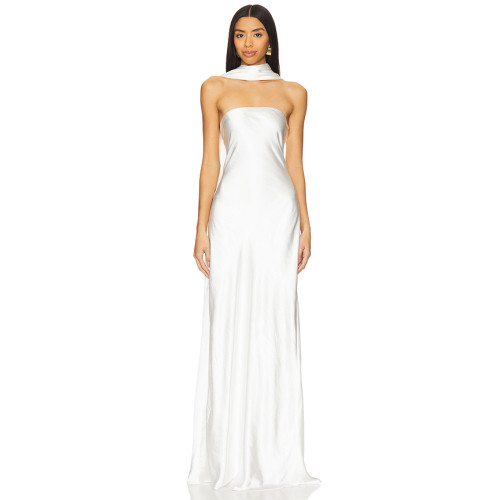 Glamorous Timeless Elegant Strapless Satin like Form fitting Halter style Woman's Maxi Dress