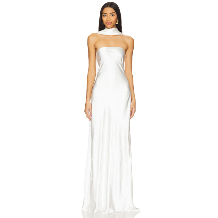 Glamorous Timeless Elegant Strapless Satin like Form fitting Halter style Woman's Maxi Dress