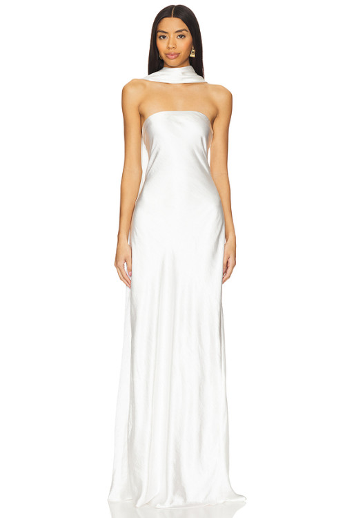 Glamorous Timeless Elegant Strapless Satin like Form fitting Halter style Woman's Maxi Dress