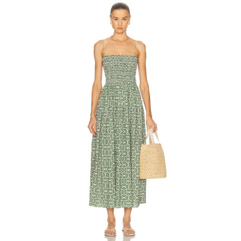 Spaghetti strap Fan shaped pattern Smocked bodice Simple Backless Woman's Midi Dress