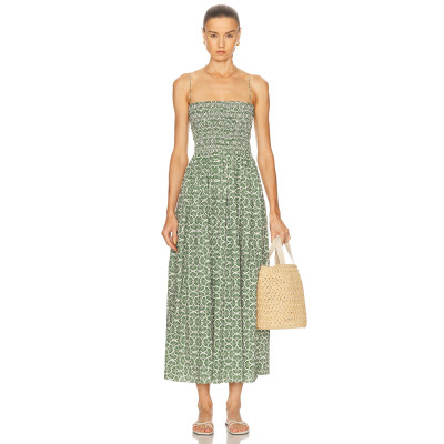 Spaghetti strap Fan shaped pattern Smocked bodice Simple Backless Woman's Midi Dress
