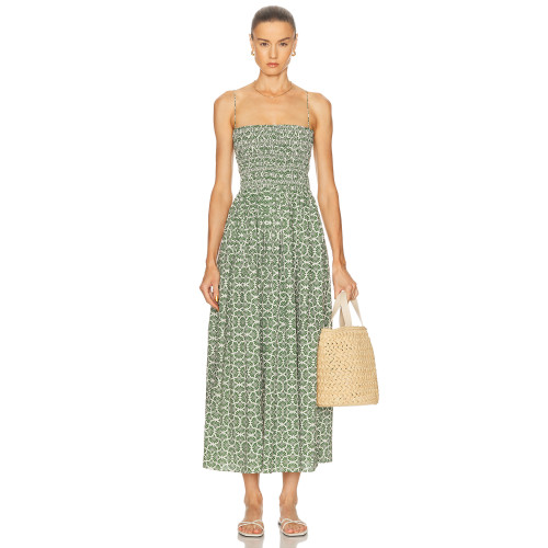 Spaghetti strap Fan shaped pattern Smocked bodice Simple Backless Woman's Midi Dress