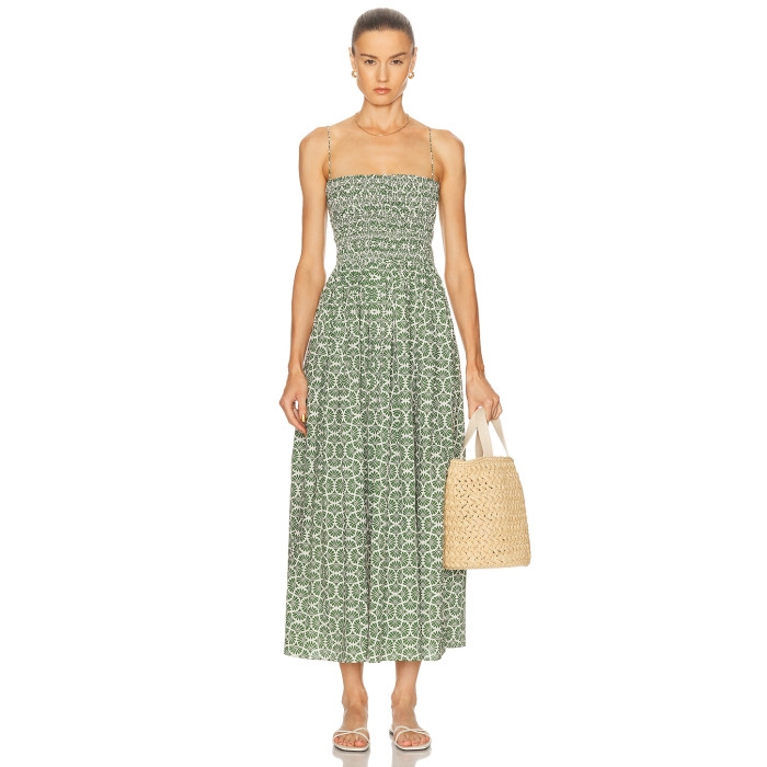 Spaghetti strap Fan shaped pattern Smocked bodice Simple Backless Woman's Midi Dress