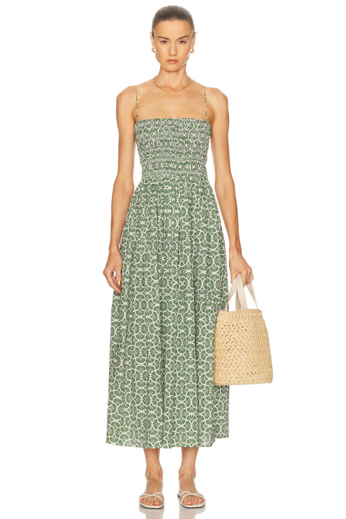 Spaghetti strap Fan shaped pattern Smocked bodice Simple Backless Woman's Midi Dress