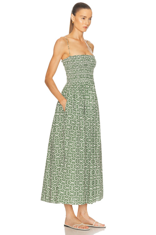 Spaghetti strap Fan shaped pattern Smocked bodice Simple Backless Woman's Midi Dress