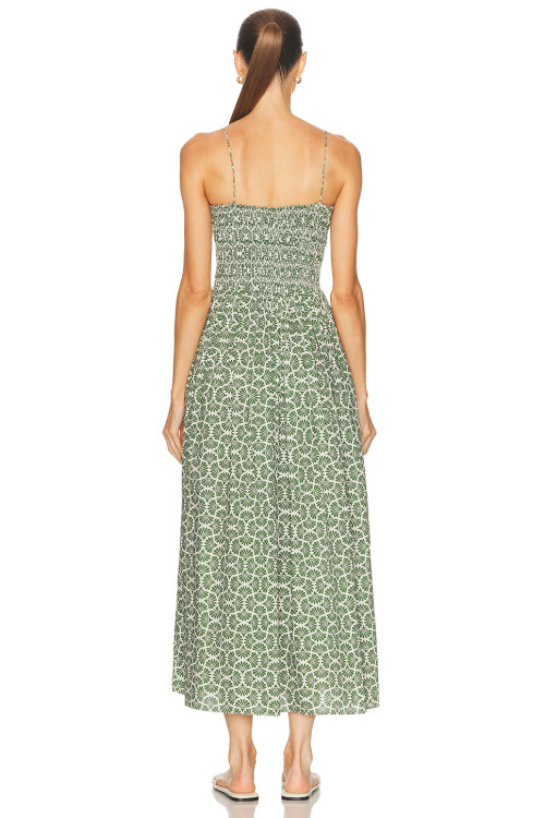 Spaghetti strap Fan shaped pattern Smocked bodice Simple Backless Woman's Midi Dress