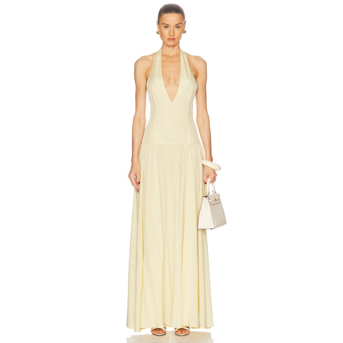Halter V neckline Elegance Backless Flowing Fitted bodice Exquisite Woman's Maxi Dress
