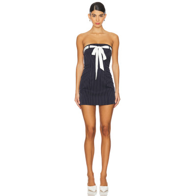 Off shoulder Pinstriped Sexy Fashionable Top decorative band Backless Woman's Mini Dress