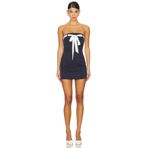 Off shoulder Pinstriped Sexy Fashionable Top decorative band Backless Woman's Mini Dress