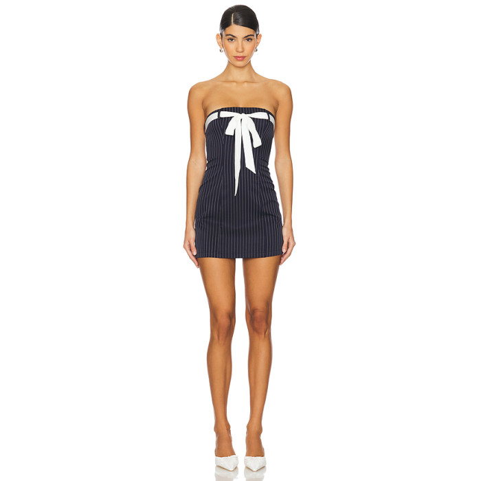 Off shoulder Pinstriped Sexy Fashionable Top decorative band Backless Woman's Mini Dress