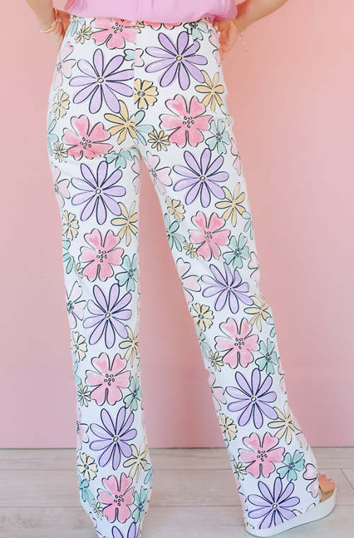 Colorful printed flowers Loose fitting Pastel colored High waist Bohemian inspired Woman's Pants