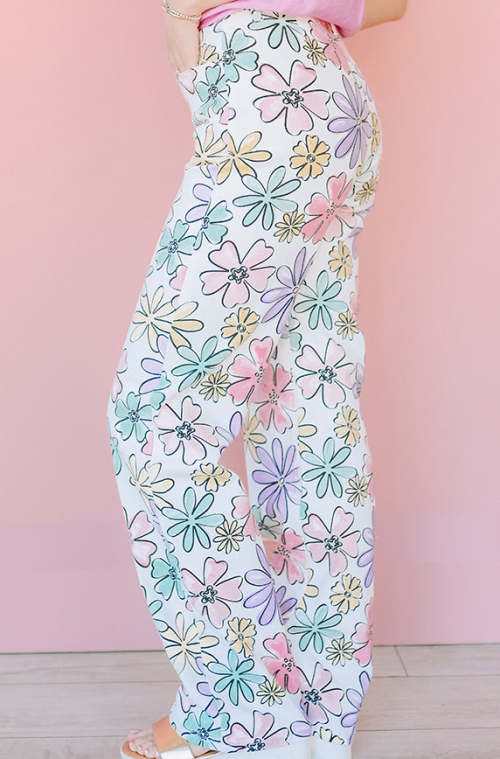 Colorful printed flowers Loose fitting Pastel colored High waist Bohemian inspired Woman's Pants