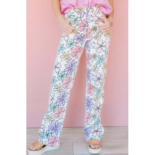 Colorful printed flowers Loose fitting Pastel colored High waist Bohemian inspired Woman's Pants