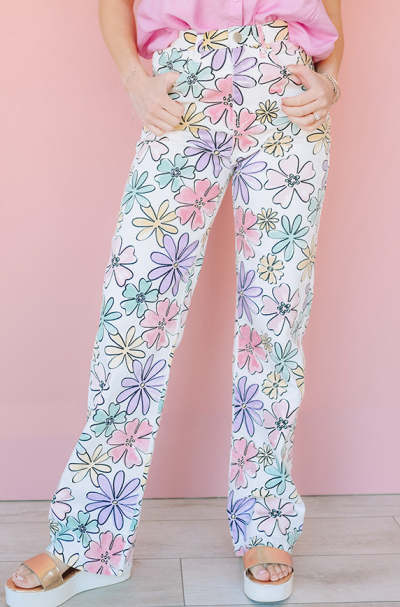 Colorful printed flowers Loose fitting Pastel colored High waist Bohemian inspired Woman's Pants