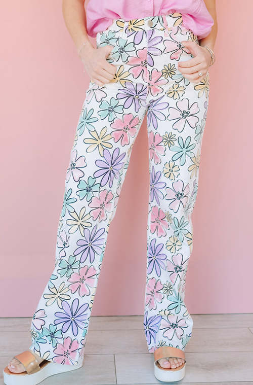 Colorful printed flowers Loose fitting Pastel colored High waist Bohemian inspired Woman's Pants