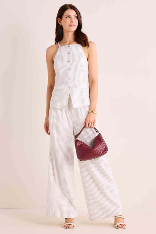 Wide leg Pinstripe Woven Elegant Flowy High waisted Stylish High quality Woman's Pants