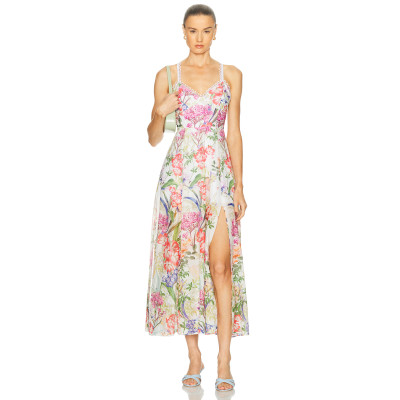 Floral printed Camisole Backless Sleeveless V neckline Side slit Elegant Woman's Midi Dress
