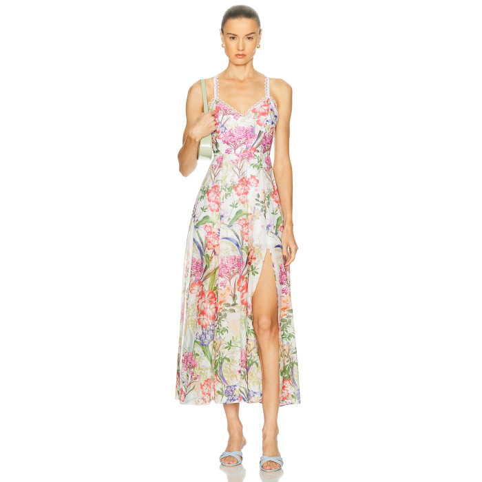 Floral printed Camisole Backless Sleeveless V neckline Side slit Elegant Woman's Midi Dress
