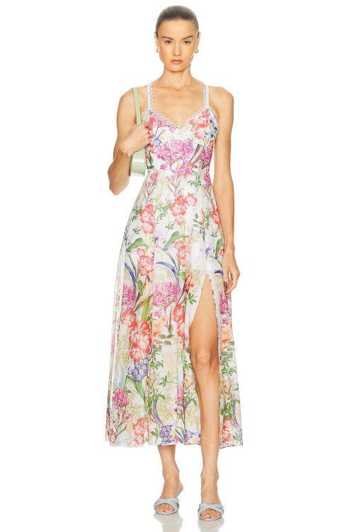 Floral printed Camisole Backless Sleeveless V neckline Side slit Elegant Woman's Midi Dress